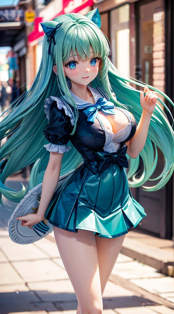 real situation,clear blue shining eyes,shy crying face,very cute cute girl, Constriction,big breasts thin waist,Slim big,light green shiny long hair,Transparent glossy sailor ribbon blouse,Sheer vinyl pleated mini skirt,Idle Pose,Disney land,