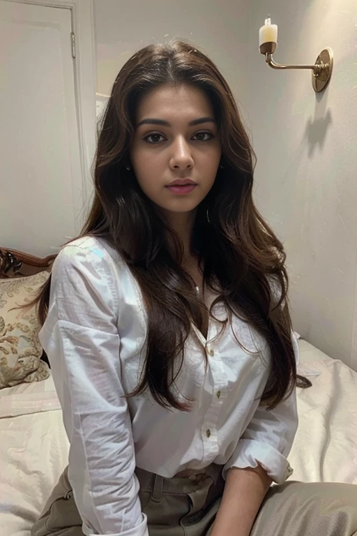 (Best quality, Ultra-detailed, Masterpiece:1.5), a photograph of a beautiful pakistani woman in her bedroom, The woman should have a flawless, highly detailed face with soft, luminous skin. Her long hair should be naturally brown and stylishly arranged. (Perfect Eyes:1.2), double eyelids, photo-realistic:1.5), 8K UHD, looking at camera, wearing white shirt, cute, plain background