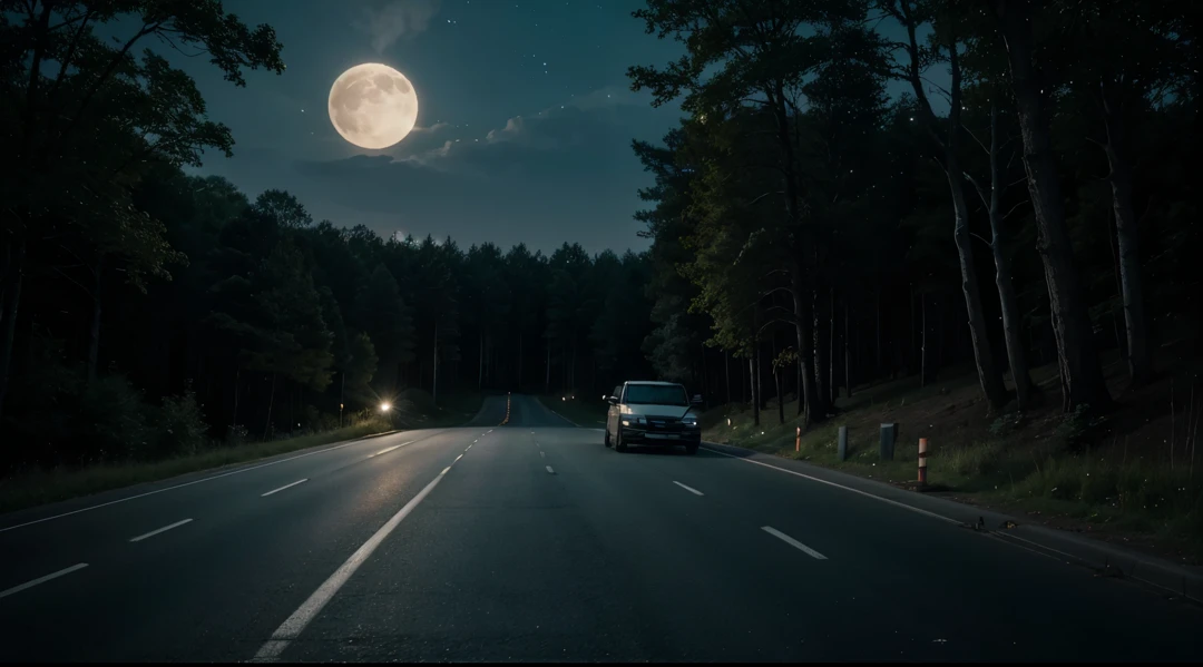(best quality,highres:1.2),dark forest with highway at night,2 parked pickup trucks with headlights off,detailed trees and foliage surrounding the road,distant stars shining in the sky,dimly lit moon casting a soft glow,serene atmosphere,nighttime ambiance,cool color tones,subtle shadows,gentle moonlight