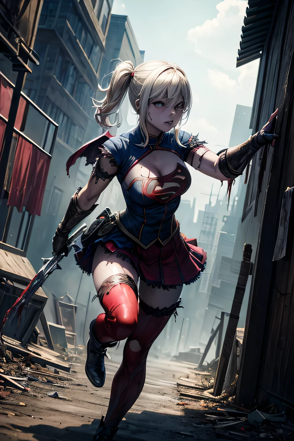 dead evil rotting zombie girl superhero Supergirl, combat stance, highly detailed, sexi, revealing, evil vilanious look, menacing, bloody, bloodthirsty, ripped clothes, torn apart costume,vibrant appearance, creative behavior, extremly detailed, imaginative, , spontaneous, highest quality, skin texture, intricate details, (cinematic lighting), RAW photo, 8k, masterpiece,best quality,ultra-detailed,very detailed illustrations,extremely detailed,intricate details,highres,super complex details,extremely detailed 8k cg wallpaper,
