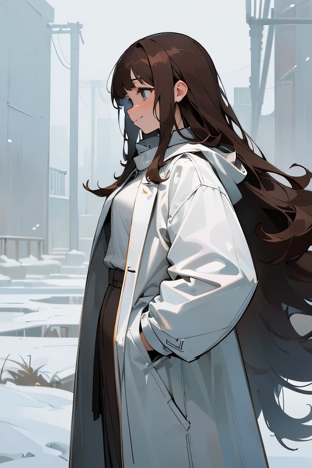 ((masterpiece)), (best qualtiy), wide Shot, from behind, (super detailed), 1girl, cute age girl, white large coat, (messy long hair), beautiful brown hair, (sad smile), hollow eyes, hands in a pocket, winter day, (Silence Atmosphere), ((undress clothes)), snowing