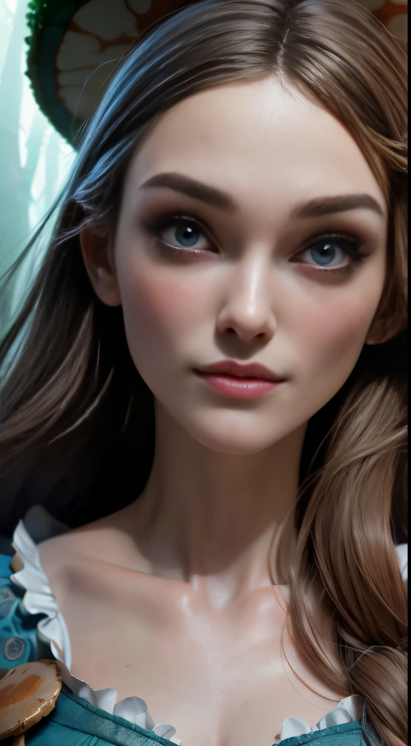 photo of Keira Knightley, RAW, beautiful woman, ((portrait)), ((detailed face:1.2)), ((detailed facial feature, detailed skin, clear skin), (perfect proportioned body, medium breasts), (wearing American McGee's Alice in Wonderland dress, Alice Slidell dress) (high detailed giant mushroom forest), (realistic photo, best quality, detailed), (8k wallpaper), (cinematic lighting, dramatic lighting) (sharp focus, intricate)