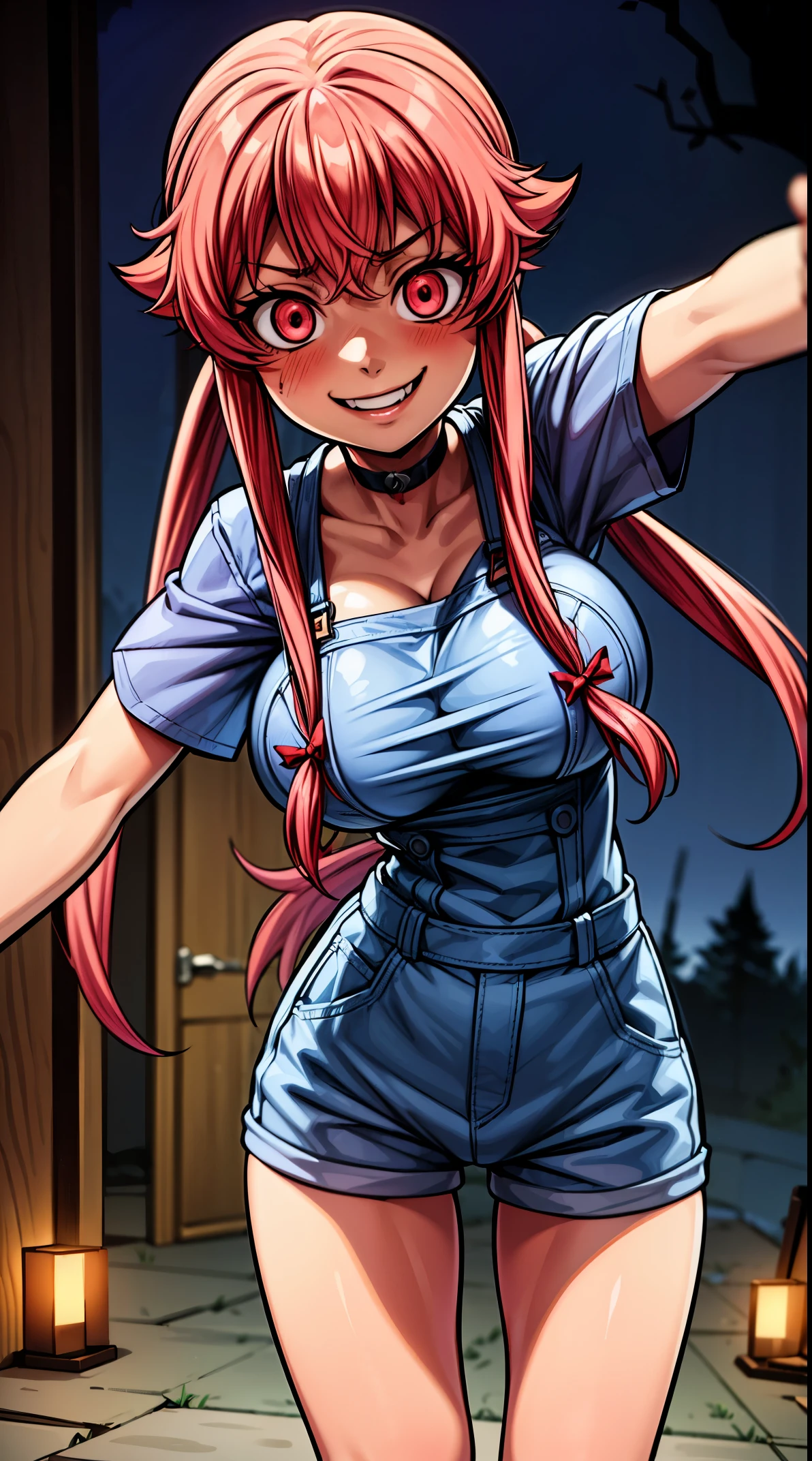 explicit, beautiful, amazing, high quality, detailed background, a woman with large breast in a woods, 1girl, breasts , , , pink hair, (large breasts:1.5), twintails, long hair, solo focus, mirai nikki, black choker, dark grey overalls, leather gloves, red eyes, chasing you through the woods, ((nigth:1.5)), crazy, ((crazy eyes)), ((crazy stare)), (fanart of Gasai Yuno), (angry eyes:1.1), (perfect hands:1.4), (masterpiece), best quality, expressive eyes, VHS, ((nigth)), (Parfect Hand:1.3), 4k, 8k, 1980s, from below, (standing over you), (Blood:1.1),Horror, (evil smile:1.4), (evil eyes:1.6), (holding machete:1.5), horror scane,