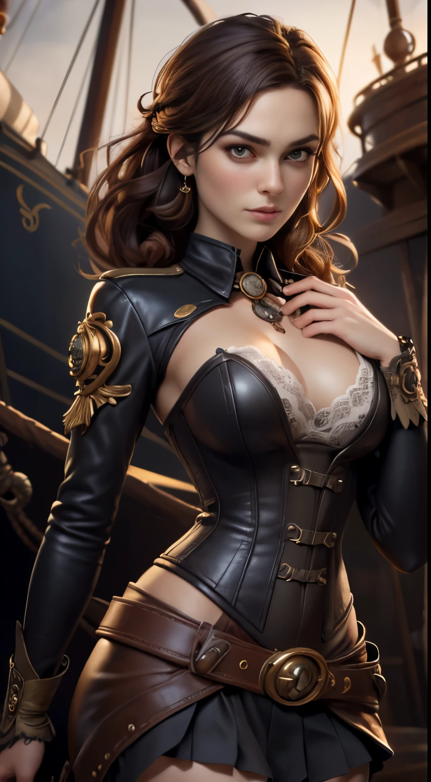 photo of Keira Knightley, RAW, beautiful woman, ((portrait)), ((detailed face:1.2)), ((detailed facial feature, detailed skin, clear skin), (perfect proportioned body, medium breasts), (wearing steampunk outfit with lace, leather corset, ornamental copper parts, portrait, pleated skirt), (hands in hair:1.1), (high detailed steampunk ship, on the bow of a  pirate ship), (realistic photo, best quality, detailed), (8k wallpaper), (cinematic lighting, dramatic lighting) (sharp focus, intricate)