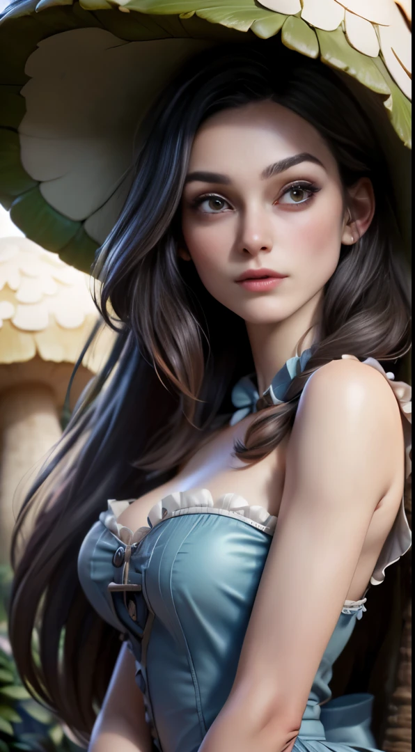 photo of Keira Knightley, RAW, beautiful woman, ((portrait)), ((detailed face:1.2)), ((detailed facial feature, detailed skin, clear skin), (perfect proportioned body, medium breasts), (wearing American McGee's Alice in Wonderland dress, Alice lydell dress) (high detailed giant mushroom forest), (realistic photo, best quality, detailed), (8k wallpaper), (cinematic lighting, dramatic lighting) (sharp focus, intricate)