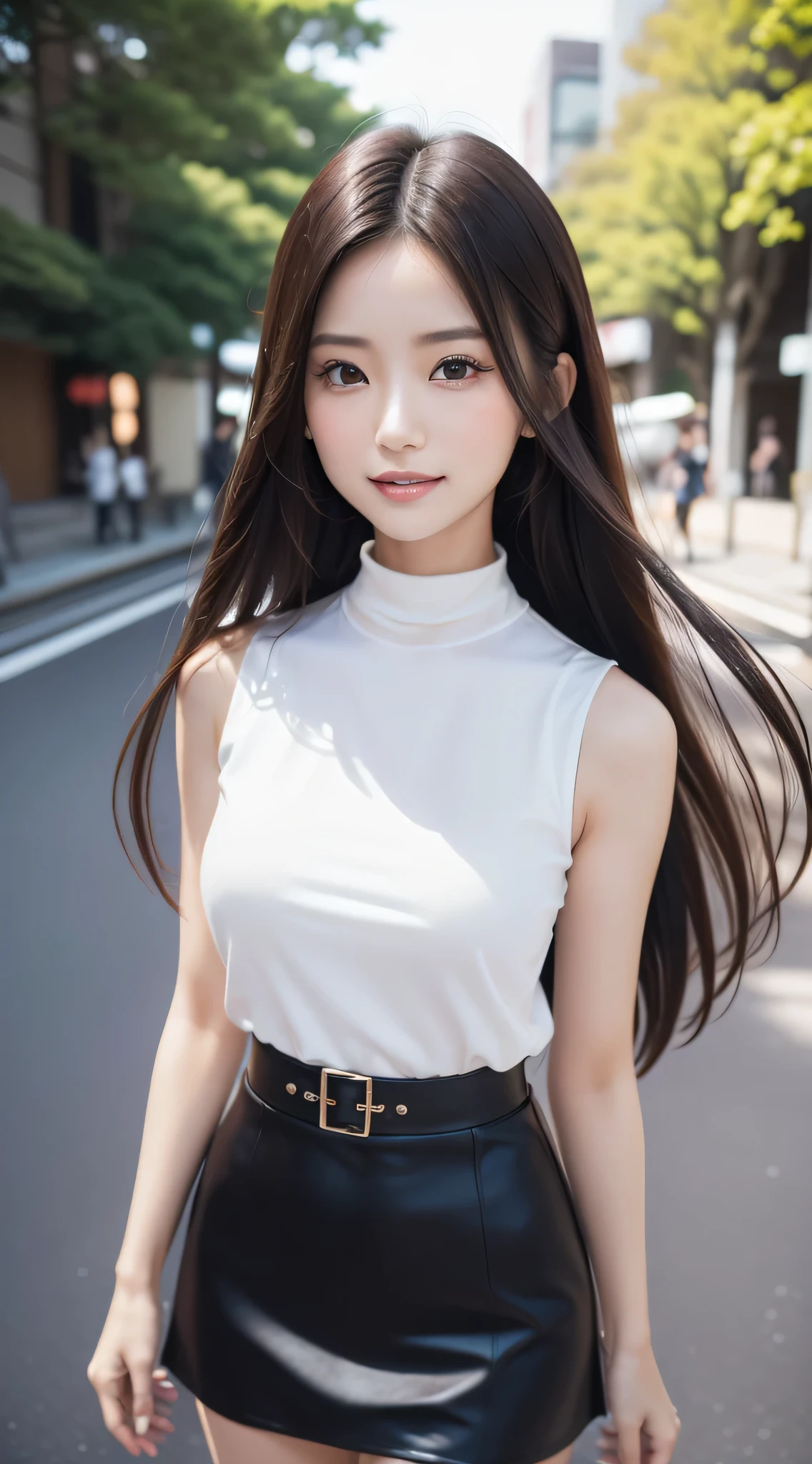 (Refreshing smile:1.5),(Look at viewers:1.1）,（hide one's hands:2.0）,(Beautiful Japan Woman）,（straight haired, Long hair, Hair fluttering in the wind:1.2), （ High neck sleeveless , Black tight skirt:1.5), （high-heels;1.3), detailed  clothes, (Perfect female body), (Narrow waist:1.3), (Bust Up Portrait:1.3),   Dynamic Pose, Cinematic Light, 135 mm, Fuji Film,