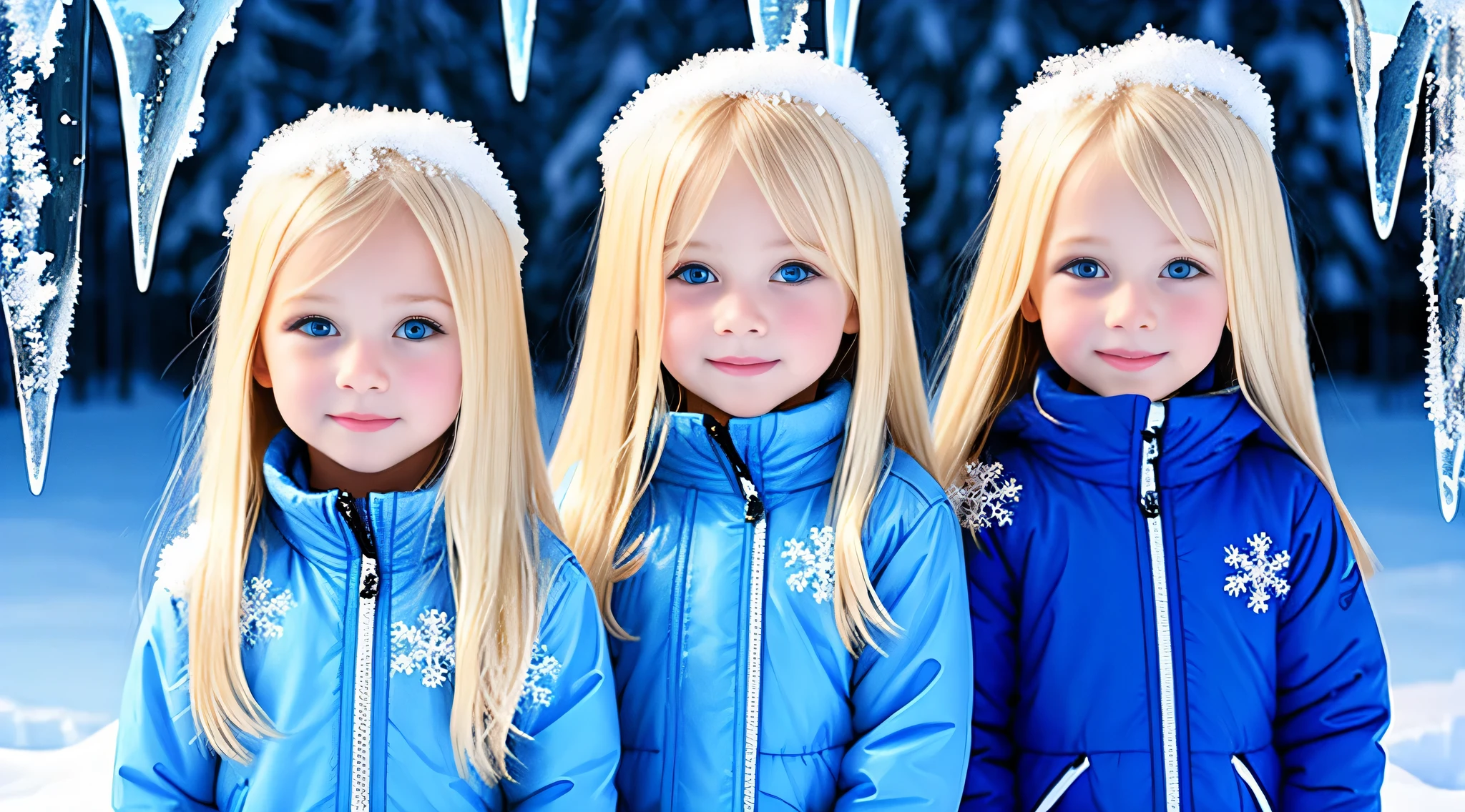 meninas loiras com cabelos lisos, FUNDO DE PEROIL azul, Muito gelo, neve.