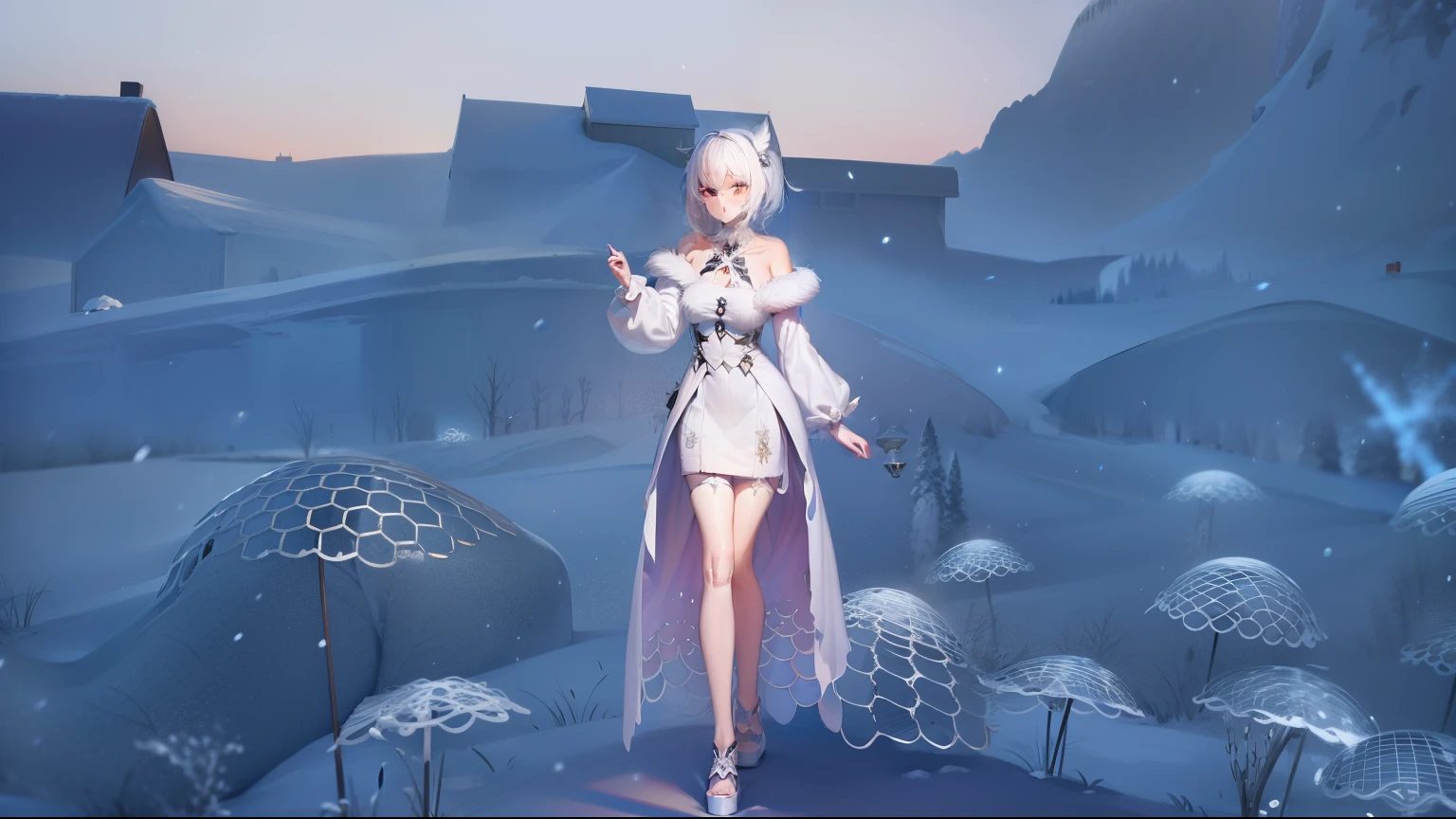 Anime-Kizi, Kizi, white hair, Lila Augen, Large bust neckline, Steht auf einem Berg, Schnee Region, Winter Umgebung, White-Purple Christmas Dress, Meisterwerk, 4k, high-res, anime-wallpaper, girl catches a snow flake, black devil horns, White astral dress, Weinachts kleid, dress with large neckline