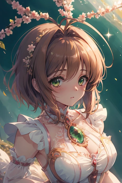 master piece, Best Quality, A high resolution, top-quality, Anime style, The best lighting, Beautiful face, kinomoto sakura, 1woman, tall, 30 years old, large breasts, light brown hair, Short hair, Antenna Hair, Green eyes, frills,  beautiful dress with intricate detailing, dynamic angle, close up