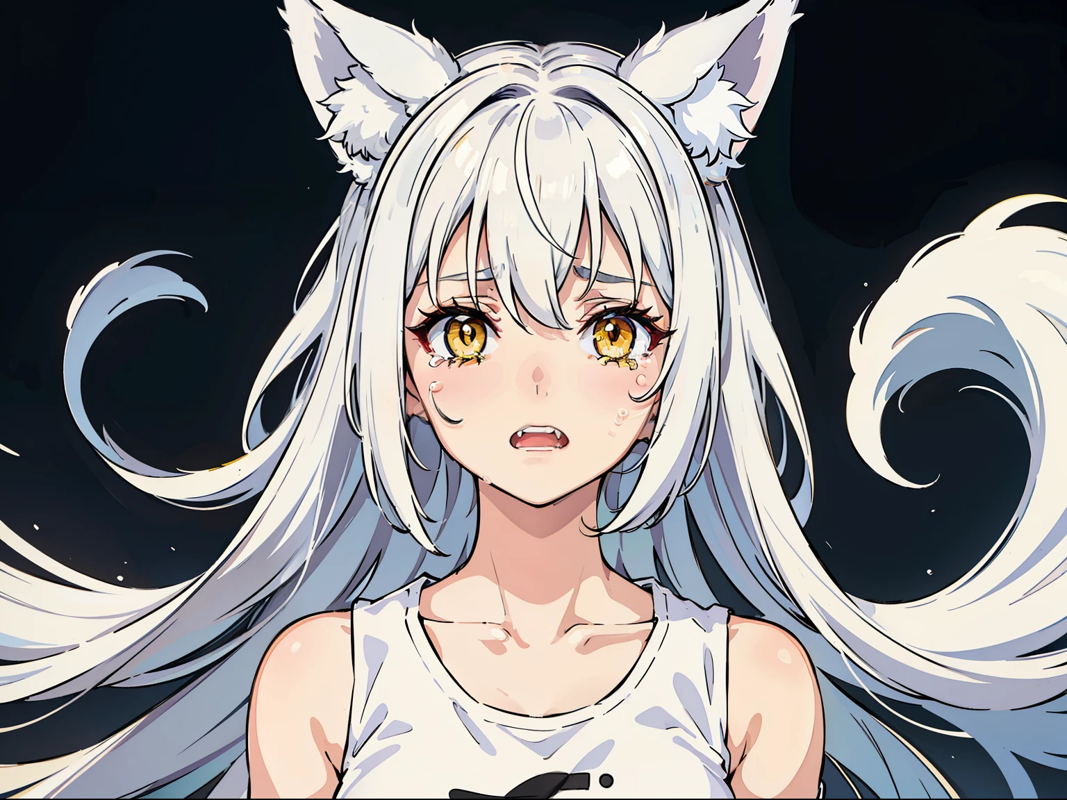 1girl,solo,medium breasts,(white sleeveless and shoulderless t-shirt,silver hair,long hair,yellow eyes,fox ears,crying,from front,portrait,teeth