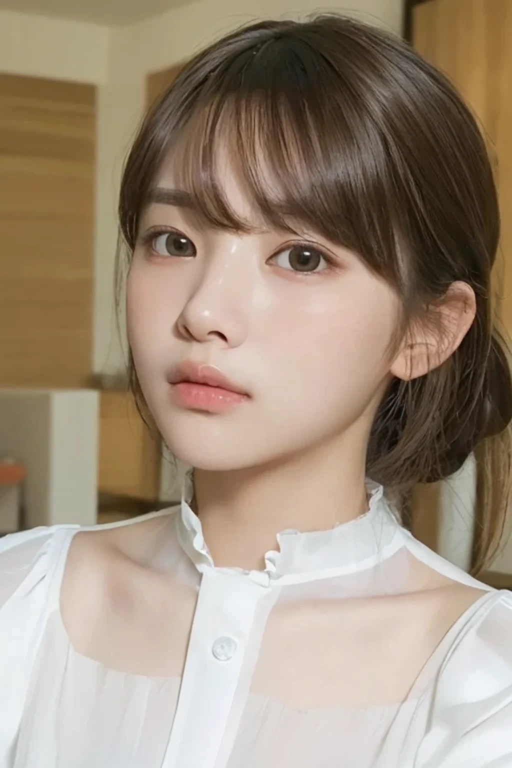 (8K、Raw photo、A hyper-realistic: 1.3)、e 16 ol face with young features、(bangss、A hyper-realisticな肌の質感: 1.4)、(Looking at the camera、Clear eyes: 1.5)、(Blouse、livingroom:1.4)