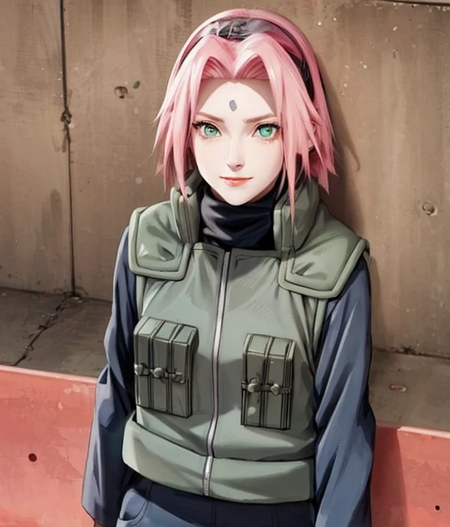 young woman, porcelain skin, short bubblegum pink hair, wide forehead, big red lips, big green eyes, pink eyebrows, green vest, Sakura Haruno, 3d, realism