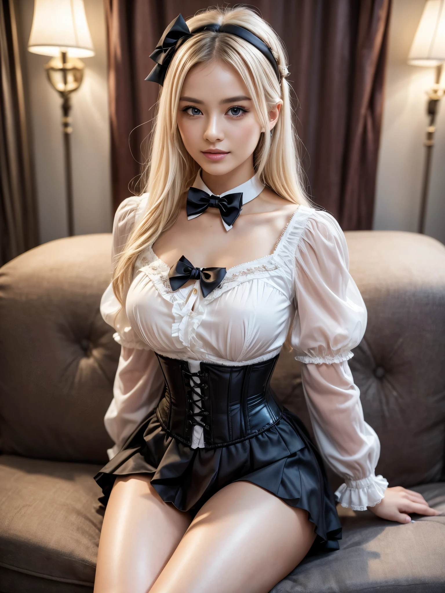 (((in 8K、ＨＤＲ、Hyper-Realism、Masterpiece 1.4、wlop1.4、Cinematic、Detailed details、Live Photo 1.4, Best quality1.4、 ultra-detailliert1.4、​masterpiece:1.4、Insanely detailed、Perfect Shading、Low Angle Full Body Shot 1.2、One photo、Commercial Photography 1.4、独奏写真、Perfect Anatomy、Dynamic lighting、lipgloss)))、(Raw photo:1.2)、(photoRealstic:1.4)、(pureerosface_v1:0.008)、Beautiful face with perfect symmetry、beautiful detailed women、ighly detailedな目と顔、beatiful detailed eyes、Smile at your audience、Beautiful teeth、Beautiful teeth alignment、ultra-detailliert、ighly detailed、Beautiful teeth、Beautiful teeth alignment、ultra-detailliert、ighly detailed、、Light on the Face、France、1girl in、独奏、14years、length hair、Shiny platinum blonde hair、5Boken指ボディ画像1.4、thighs thighs thighs thighs、Boken、Boken棚、frilld、long-sleeve、Look at viewers、high-heels、Bokenの山、黒いthighs thighs thighs thighs、sitting on、中央frilld、赤いthe bow、Black footwear、Blue eyes、the bow、bangss、puffy sleeves、juliet sleeves、Black miniskirt、doress、hair adornments、frilldスリーブ、The shirt、full bodyesbian、Black corset、Bright platinum blonde hair、bow ribbon、a bow tie、Indoors、赤いa bow tie、breastsout、frilldthighs thighs thighs thighs、Detailed white underwear、