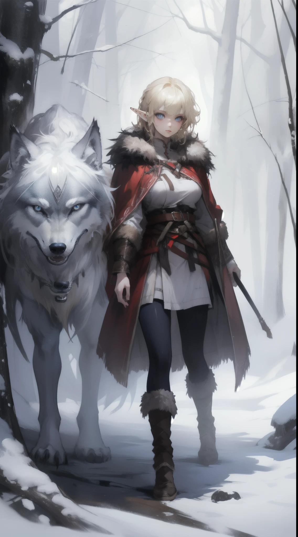 ((masterpiece, best quality)), (fractal art:1.3), viking elf girl, fantasy, Standing with ancient wolf, concept yoji shinkawa, concept art, painting, frank frazetta, BREAK, (elf:1.2), 1girl, solo, (Blonde Hair:1.15), Blunt bangs, (hair between eye), Blue Eyes, (beautiful detailed face:1.2),art style by Artgerm, by Wadim kashin, by Kawacy, BREAK, (1animal), ((wolf)), fluffy, big, White fur, BREAK, ((ancient viking clothes)),fluffy cloak, big breast, long black glovelack pantyhoses with white boots, BREAK, eyelashes, eyeshadow, pink eyeshadow, BREAK, extremely detailed, dynamic angle, dynamic shot, the most beautiful form of chaos, elegant, a brutalist designed, Setting is a Scandinavian forest in winter,