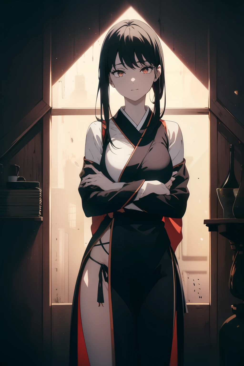 ((((Obra maestra, La mejor calidad, ultrahigh resolution)))), 1girl, standing, Japanese kimono, (((black hair, dark black hair over eye:1))), long hair cut, pale skin, ((brown eyes)), glowing_eyes, neon eyes, (ultra detailed eyes:0.7, beautiful and detailed face, detailed eyes:0.9), ((centered)), smile, ((wide shot)), facing viewer, ((indoor house background)), medium breasts, looking at viewer, ((half closed eyes)), ((perfect hands)), (((head:1, arms, hips in view, elbows, upper thigh area, in view))), ((hands behind back)), empty eyes, beautiful lighting, outside, outdoors, background, defined subject, 25 years old, (head tilt), (((cool))),