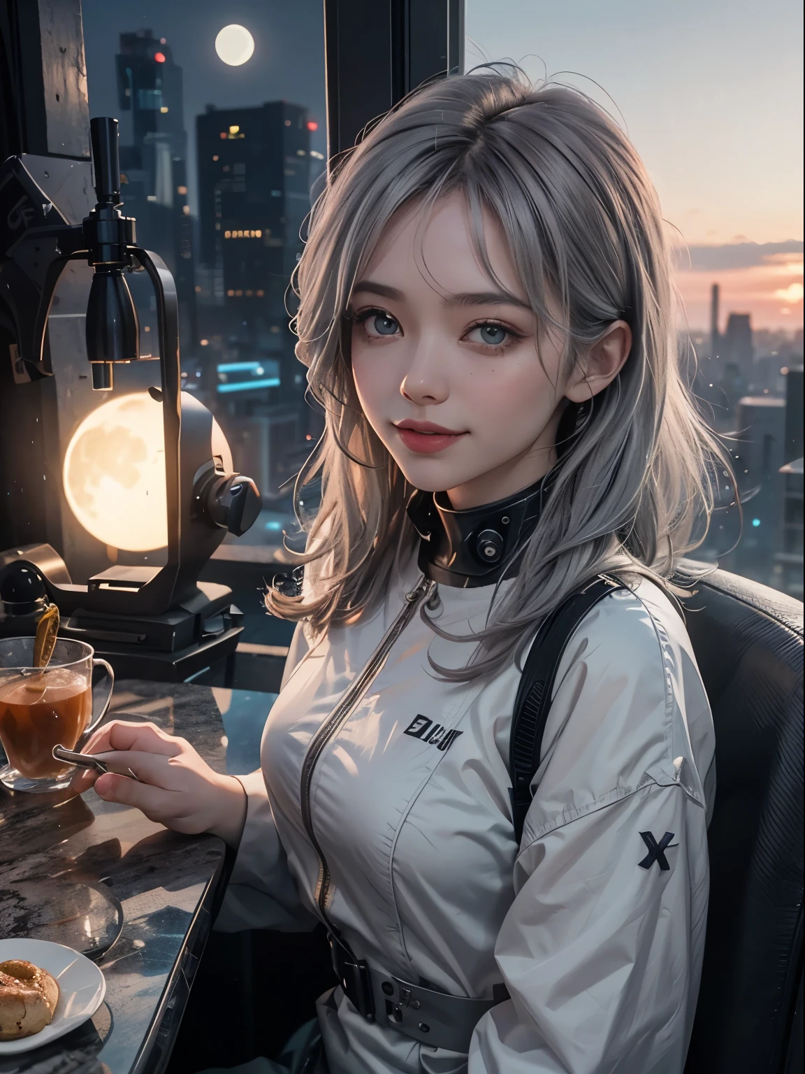 xxmixgirl,1girl, fisheye, selfie, wind, messy hair, sunset, cityscape, (aesthetics and atmosphere:1.2), gray hair, medium length hair, smiling,FilmGirl, bird's eye view.   enjoying tea at cafe in futuristic moon city. background shows moons gray surface and futuristic characterized by a striking palette of all white and gray shades