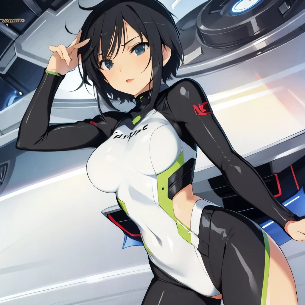 1female, skinny, small breasts, short black hair, green eyes, grey and white scifi bodysuit, scifi light armor, cameltoe