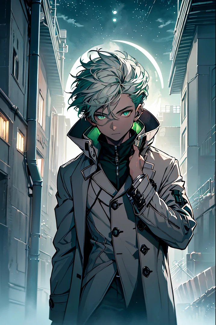 masterpiece, best quality, ((1boy)), (colorful),(finely detailed beautiful eyes and detailed face),cinematic lighting,extremely detailed CG unity 8k wallpaper, sky, cloudy_sky, building, moonlight, moon, night, (dark theme:1.3), light, fantasy, ((Green Eyes)) ((White Skin)) (((Short Grey Hair with green accents))) ((time Lord)) ((brown overcoat))