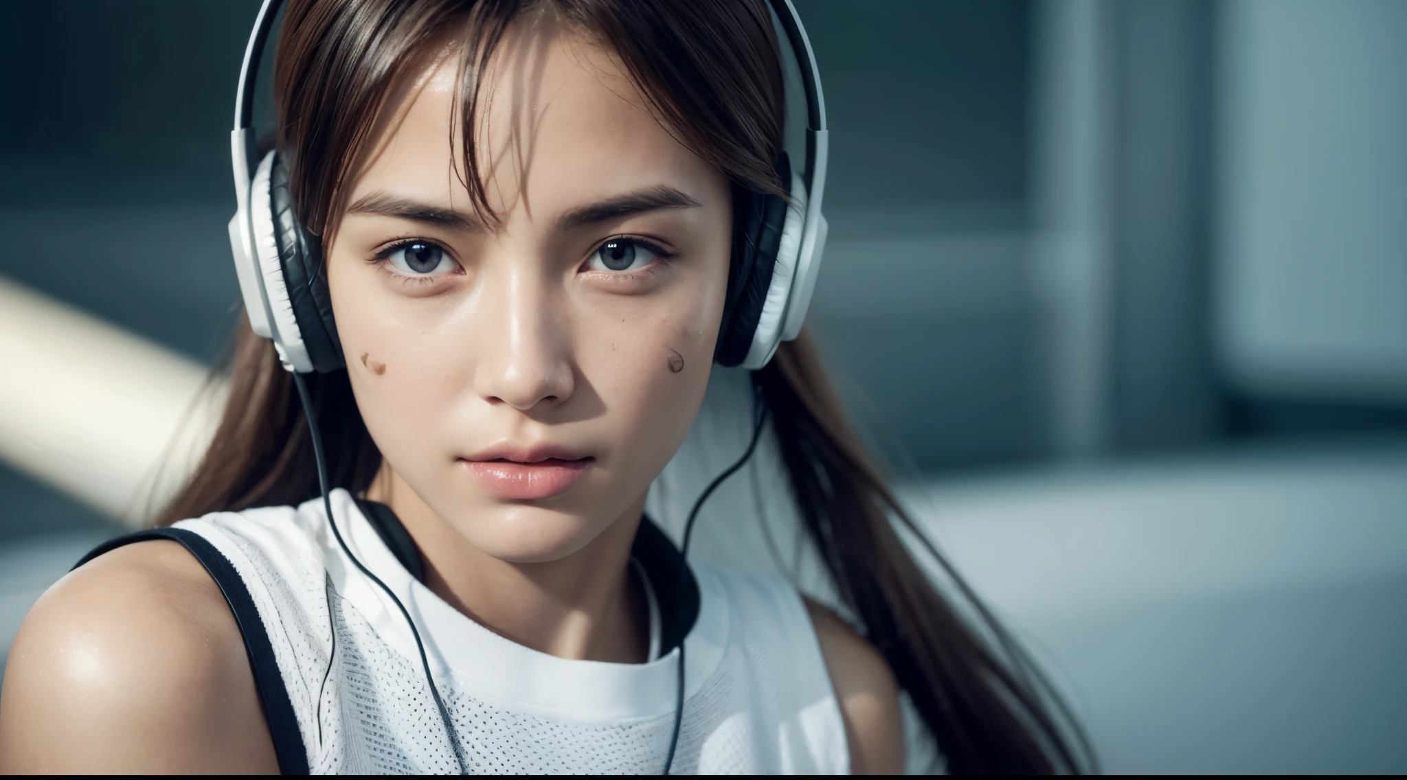 dressed, (photo realistic:1.4), (hyper realistic:1.4), (realistic:1.3), (smoother lighting:1.05), (increase cinematic lighting quality:0.9), 32K, 1girl,20yo girl, realistic lighting, backlighting, light on face, ray trace, (brightening light:1.2), (Increase quality:1.4), (best quality real texture skin:1.4), finely detailed eyes, finely detailed face, finely quality eyes, (tired and sleepy and satisfied:0.0), face closeup, t-shirts with headphones, (Increase body line mood:1.1), (Increase skin texture beauty:1.1)