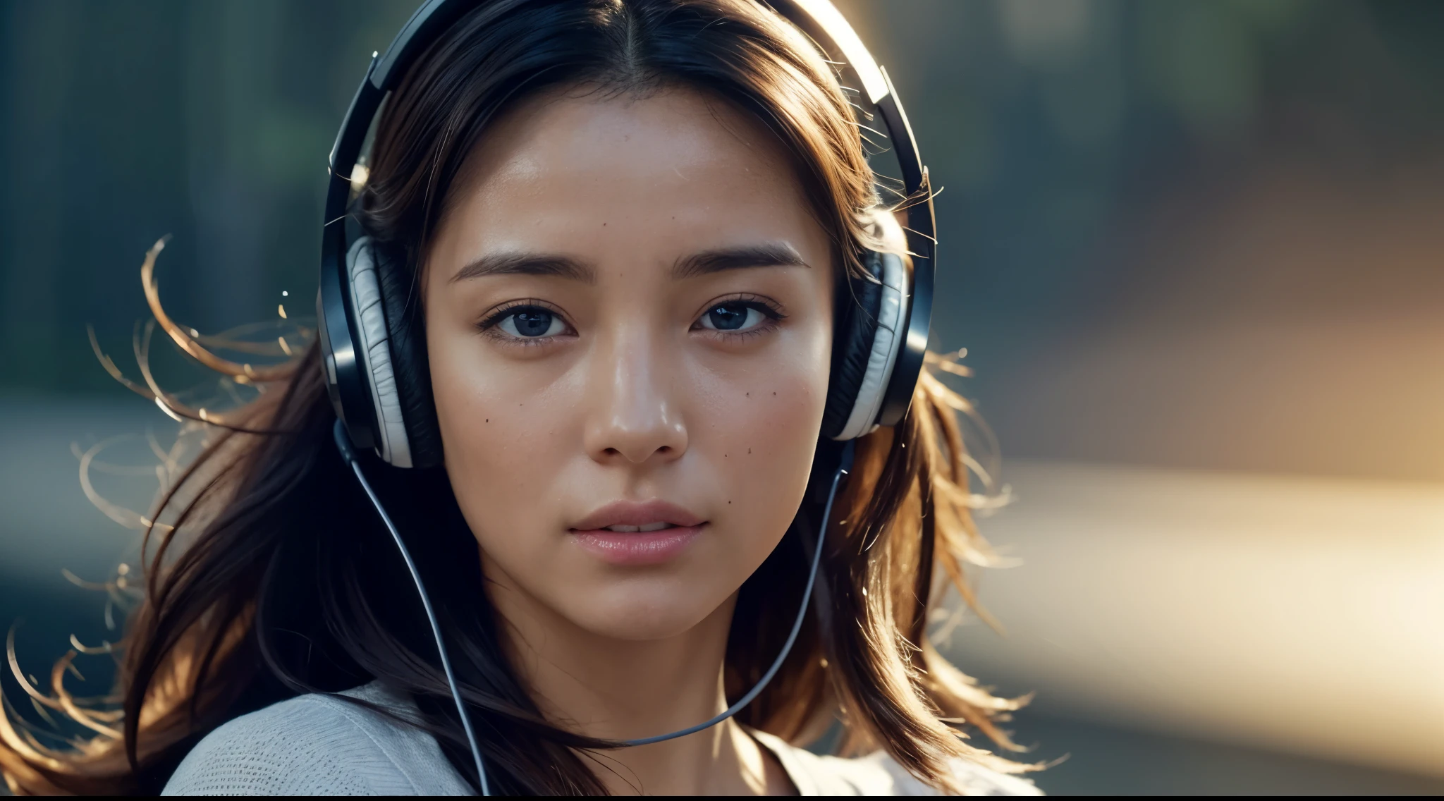 dressed, (photo realistic:1.4), (hyper realistic:1.4), (realistic:1.3), (smoother lighting:1.05), (increase cinematic lighting quality:0.9), 32K, 1girl,20yo girl, realistic lighting, backlighting, light on face, ray trace, (brightening light:1.2), (Increase quality:1.4), (best quality real texture skin:1.4), finely detailed eyes, finely detailed face, finely quality eyes, (tired and sleepy and satisfied:0.0), face closeup, t-shirts with headphones, (Increase body line mood:1.1), (Increase skin texture beauty:1.1)