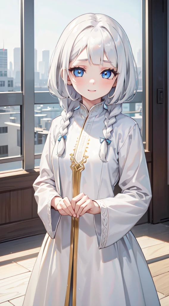 (thawb), braid, (short bangs:1.4), white hair, (best quality:1.3), (highres1.3), (clear1.3), (8k:1.3), masterpiece, (detailed:1.1), 1girl, beautiful detailed eyes, beautiful detailed lips, extremely detailed eyes and face, long eyelashes, blue eyes, shy smile, perfect proportion, face close up,
