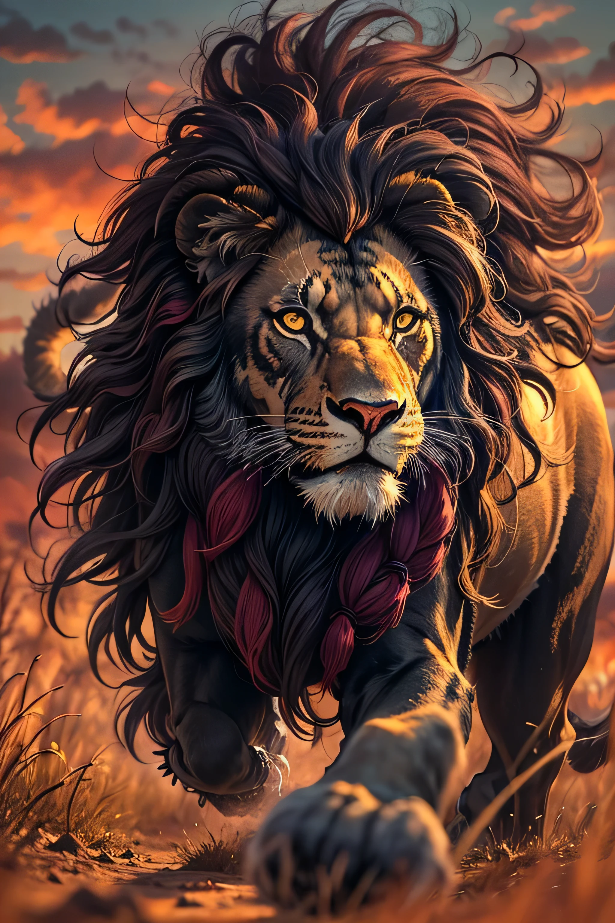 1 black lion running in the savannah with the sunset in the background, muito estiloso, cabelo dreadlocks, olhos claros, desenho real, obra prima, cores do reggae, uma imagem magnifica
