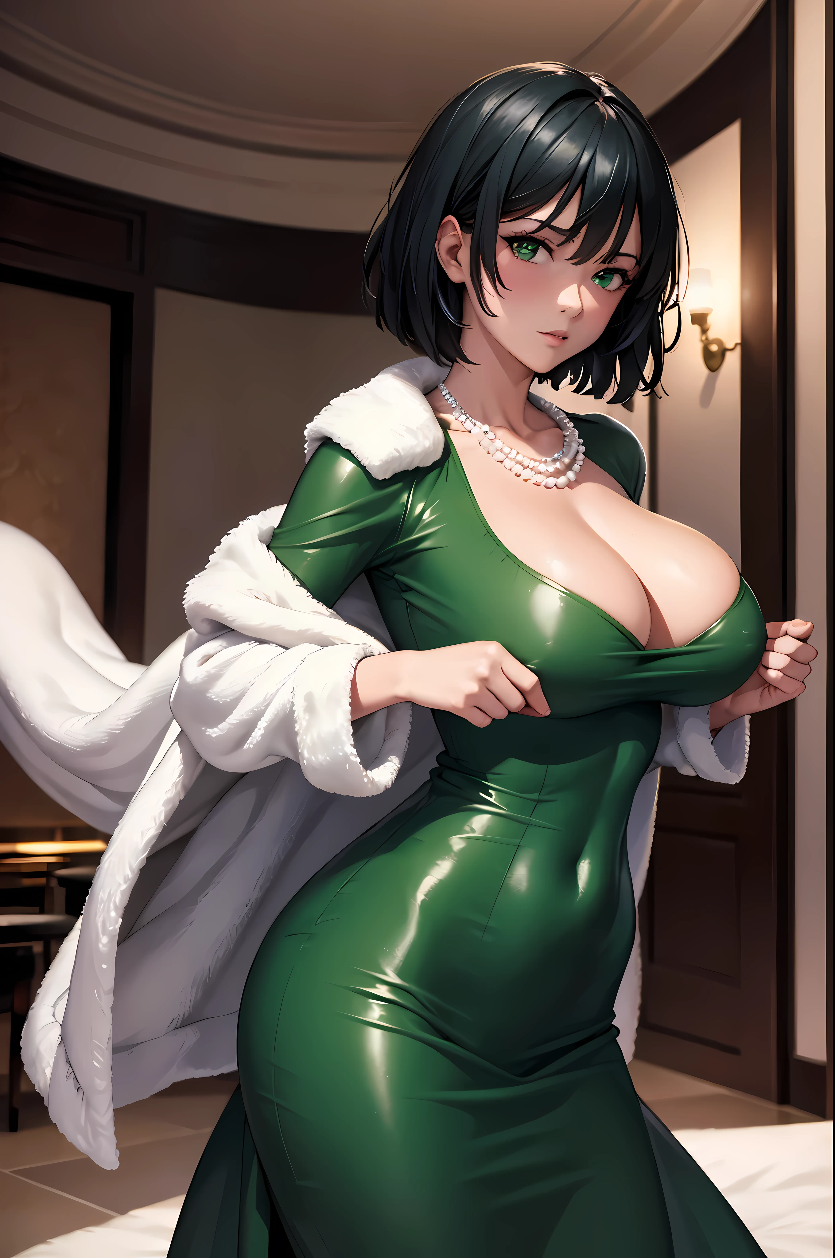 (Masterpiece),Delicate, Extremely detailed, Illustration , Studio Quality, fisheye lens, (Best Quality) ,Fubuki's photo, radiant light, blushed, glistening, glistening이는 피부, The ultra-detailliert, ((8K wallpaper)) ,Black hair, green eyes, Short hair, Big breasts, big size ass ,((perfect faces, Detailed face, Detailed Eyes,perfect hand,perfect hand가락)), blush, 1Girl, (Solo:1.4), smooth anime cg art, hotel lobby ,ratex_one-piece,green_one-piece,(long_one-piece), cowboy_Shot,pearl necklace,hotel_atmosphere_Background with, bare hands,Standing,(seductive posing), (prety), tight, (fur-trimmed coat)