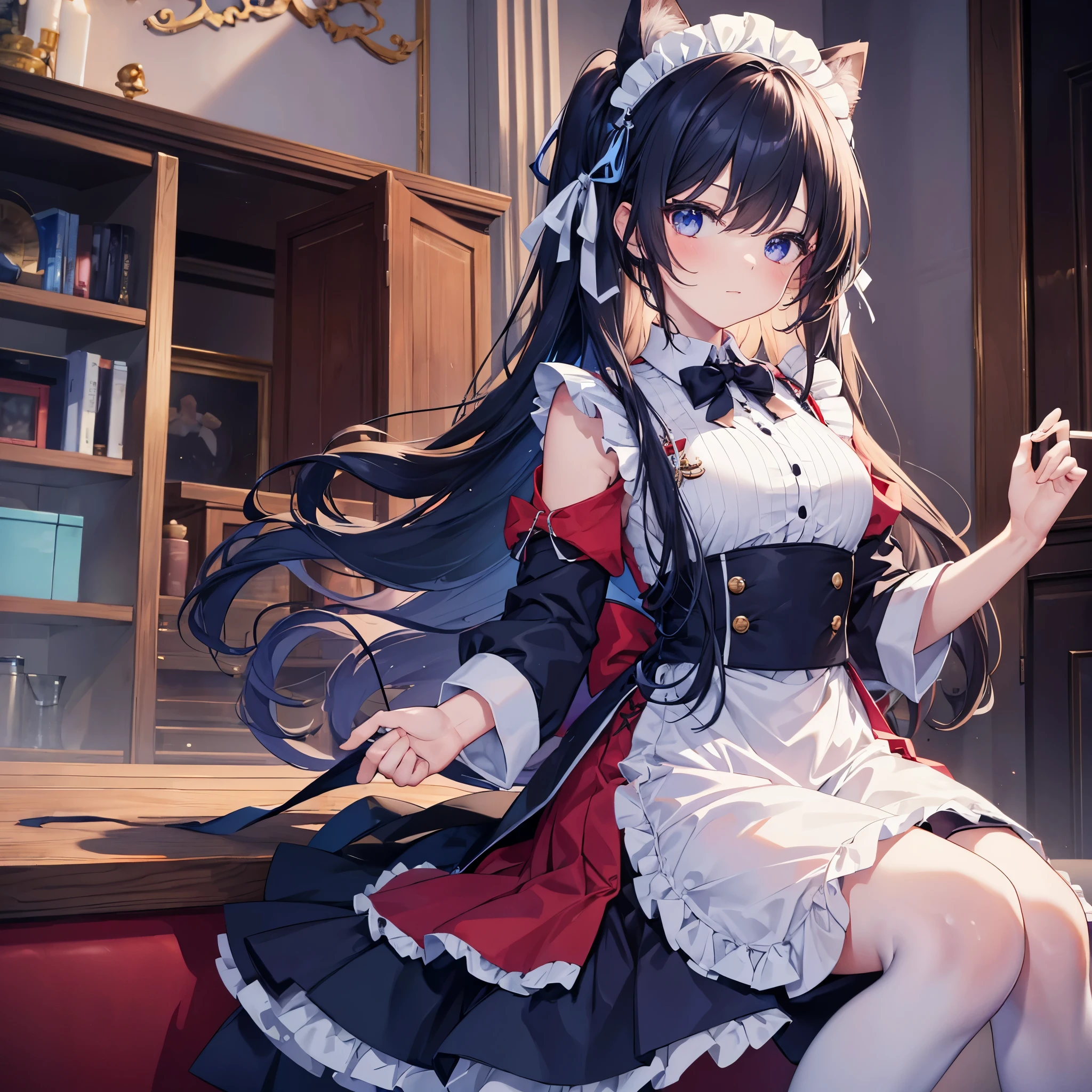 masterpiece, best quality), ((1girl, solo, long hair)), blue mix red twin tail hair, maid clothes, see-throught clothes