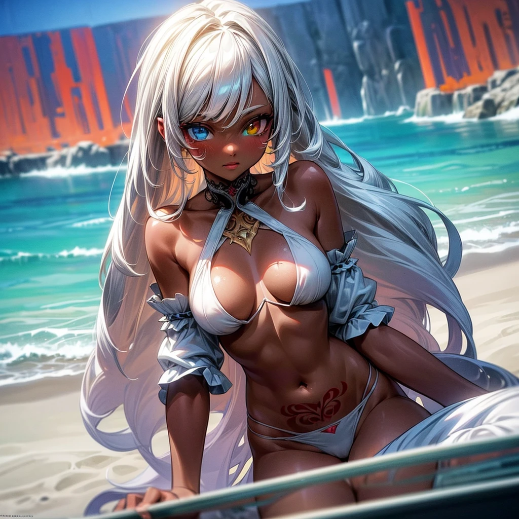 (((masterpiece))), (((best quality))), ((8k)), ((ultradated)), (1 dark-skinned human female: 1.2), (white hair 1.3), (( (Heterochromia, in the eyes, red and yellow: 1.2))),(((Official art, masterpiece, ultra-detailed))), (((best quality: 1.2, intricate details, ultra-detailed) high: 1.2))), (sexy body 1.1), ((Body tattoo 1.2, magic tattoo)), bikini, on the beach, May, near the sea, bathing photo, hot summers, cinematic shot, natural light , particles of lights,