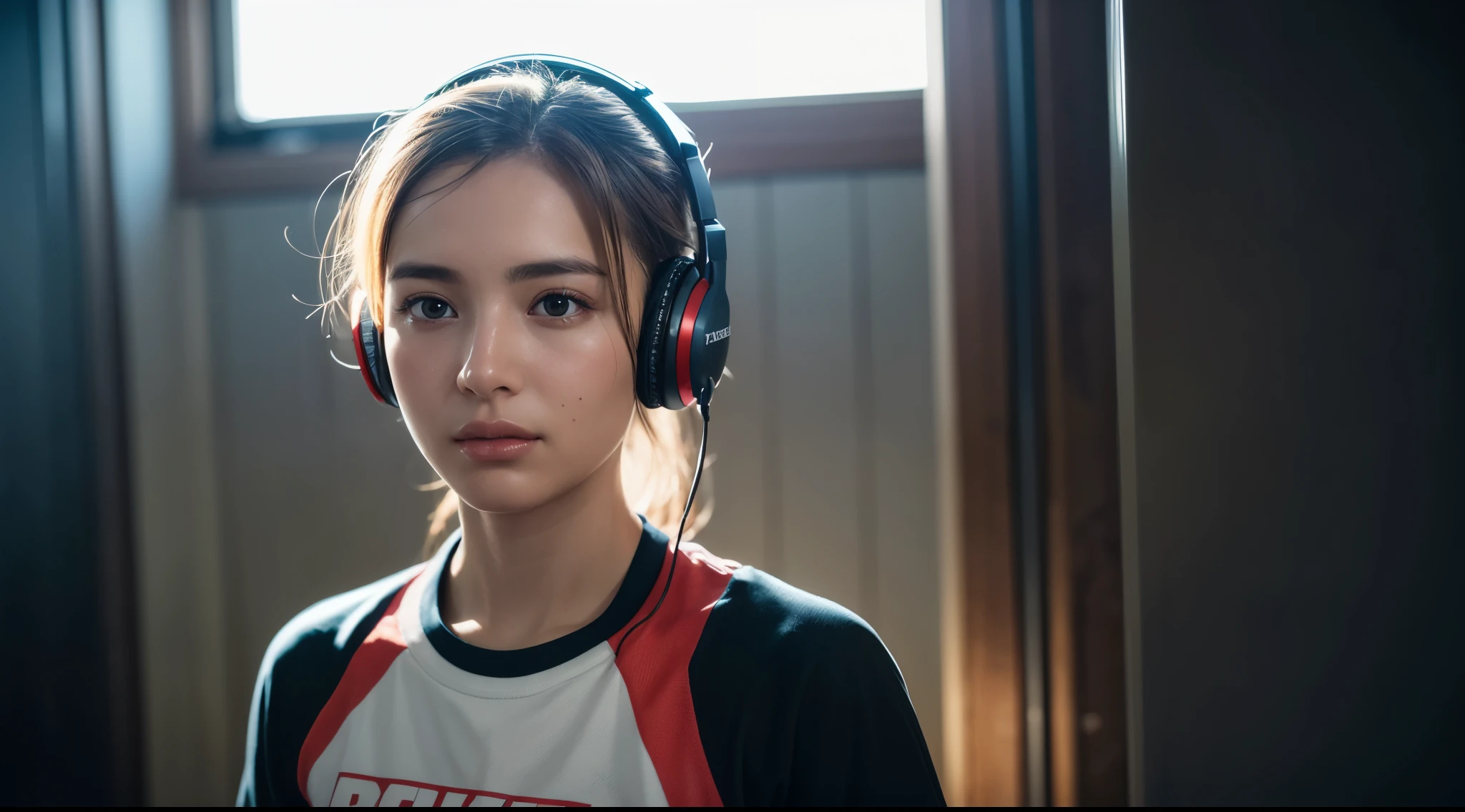 dressed, (photo realistic:1.4), (hyper realistic:1.4), (realistic:1.3), (smoother lighting:1.05), (increase cinematic lighting quality:0.9), 32K, 1girl,20yo girl, realistic lighting, backlighting, light on face, ray trace, (brightening light:1.2), (Increase quality:1.4), (best quality real texture skin:1.4), finely detailed eyes, finely detailed face, finely quality eyes, (tired and sleepy and satisfied:0.0), face closeup, t-shirts with headphones, (Increase body line mood:1.1), (Increase skin texture beauty:1.1)