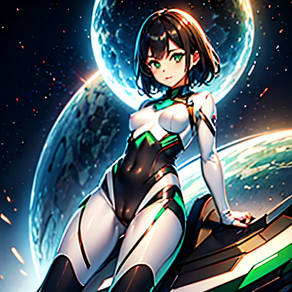 1female, skinny, small breasts, short black hair, green eyes, grey and white scifi bodysuit, scifi light armor, cameltoe