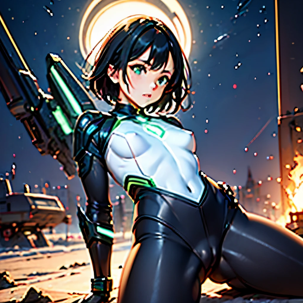 1female, skinny, small breasts, short black hair, green eyes, grey and white scifi bodysuit, scifi light armor, cameltoe