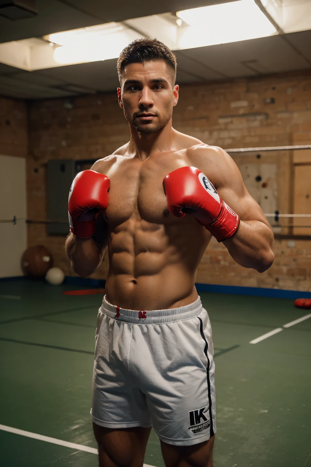 detailed photograph, 8K. A 30 years old man in boxing gloves and sportswear, standing confidently, with a powerful posture and a shirtless torso, illustrating physical strength and athleticism. Male, Undercut hair, boxing gloves, sportsman, Detailed skin, Training room as a background.