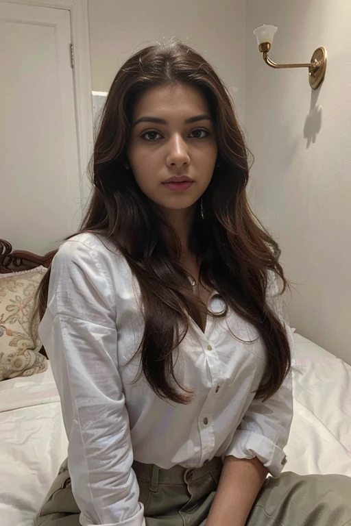 (Best quality, Ultra-detailed, Masterpiece:1.5), a photograph of a beautiful pakistani woman in her bedroom, The woman should have a flawless, highly detailed face with soft, luminous skin. Her long hair should be naturally brown and stylishly arranged. (Perfect Eyes:1.2), double eyelids, photo-realistic:1.5), 8K UHD, looking at camera, wearing white shirt, cute, plain background