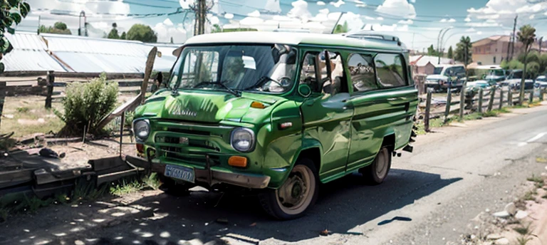 there a green and white truck parked on the side of the road, kama russian electrocar, lada, the ugliest car in the world, microbus, 1972 soviet, moskvich, russian lada car, green pickup car, kombi, lada car, vehicle, front side, 1968 soviet, truck, front profile
