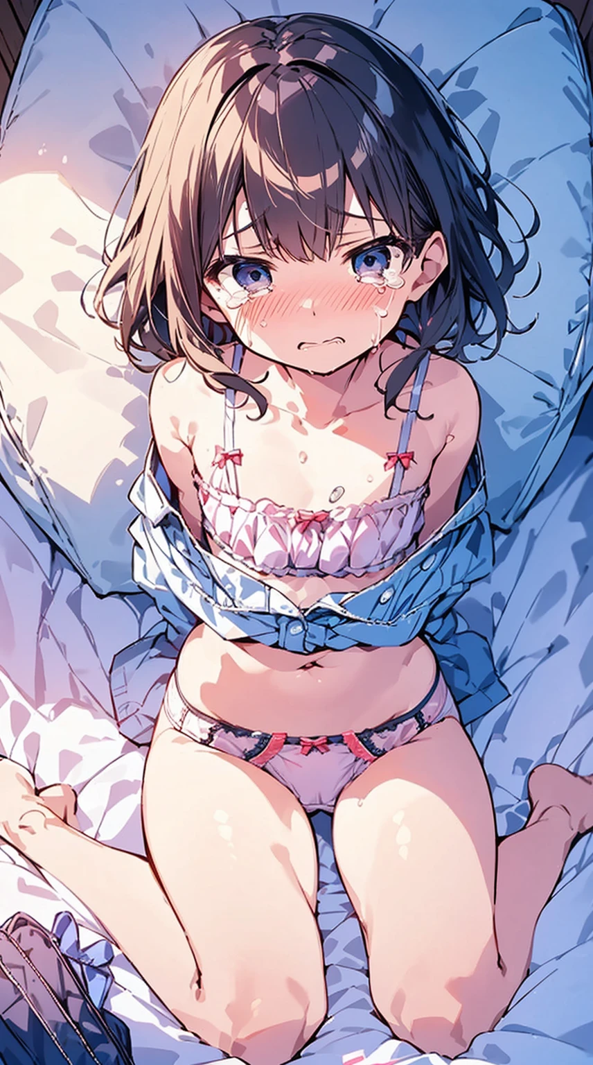 masutepiece, Best Quality,Illustration, Wallpaper, Ultra Detail, Little Face Lori、((fear:1.3))、(Teary-eyed:1.5)、(((Cute underwear)))、She makes me lie down and spread my legs.