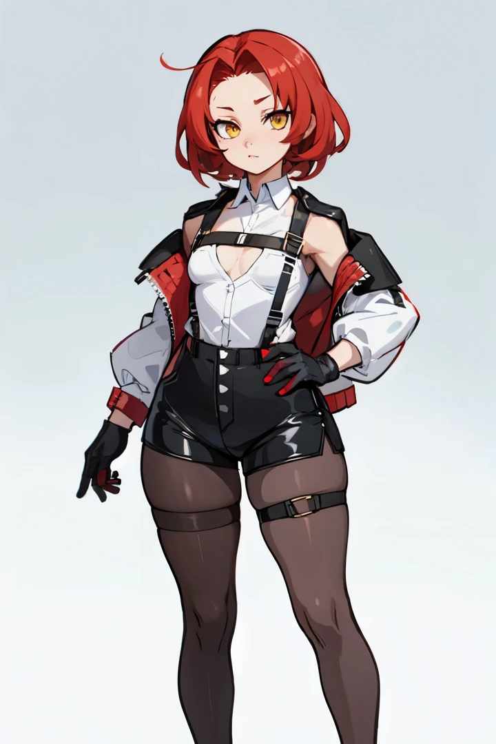 1girl, young woman, solo, short hair, Small hair, (forehead:1.2), yellow eyes, sharp ocular posture, (scarlet red hair), light brown skin tone, Athletic, medium muscular, medium breasts, (mini jacket, jacket, open jacket:1.2), white shirt, collared shirt, (chest harness, shoulder strap:1.15), black leather shorts, pantyhose, garter belt, gloves, elegant, looking at viewer, standing, chromatic aberration, waist line, masterpiece, best quality, 4k