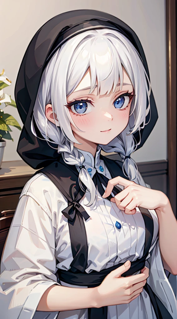 (thawb), (braid), (short bangs:1.4), (white hair), (best quality:1.3), (highres1.3), (clear1.3), (8k:1.3), masterpiece, (detailed:1.1), 1girl, beautiful detailed eyes, beautiful detailed lips, extremely detailed eyes and face, long eyelashes, blue eyes, shy smile, perfect proportion, face close up,heart hands pose,