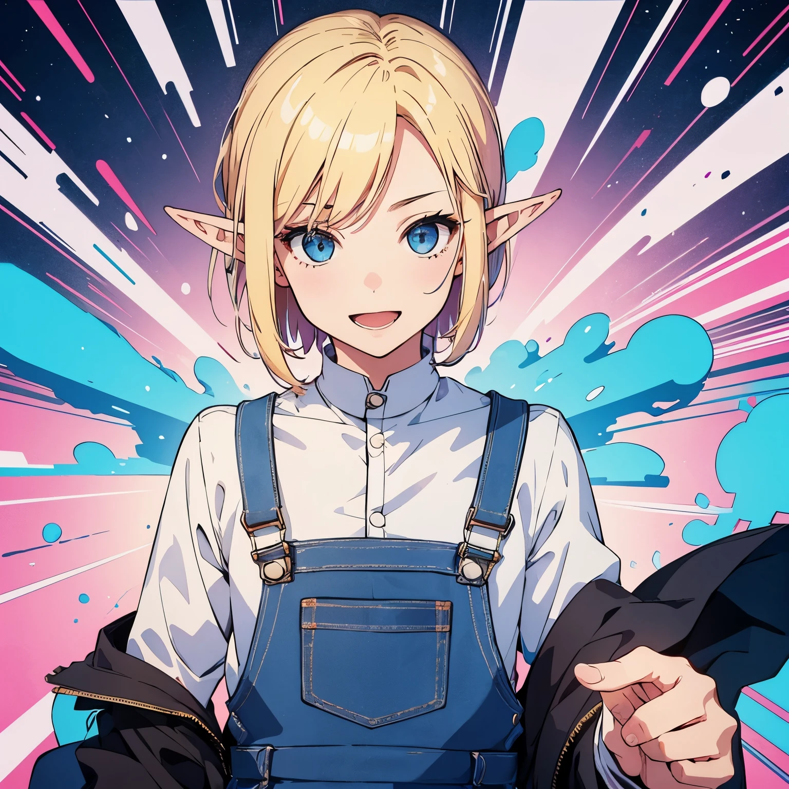 (masterpiece), best quality, expressive eyes, perfect face, (1boy), solo, expressive eyes, (young boy, shota), white shirt BREAK, blue overalls BREAK, smile, pointy ears, elf, open mouth, blond hair, abstract background, pink background, blue Bubbles