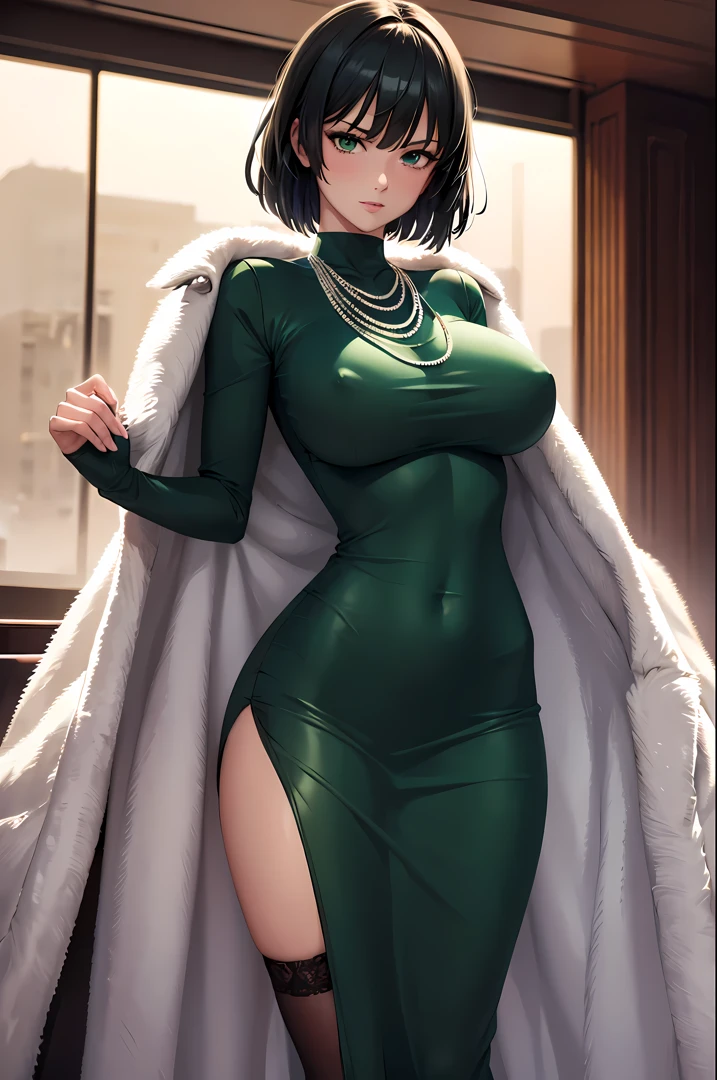 (Masterpiece),Delicate, Extremely detailed, Illustration , Studio Quality, fisheye lens, (Best Quality) ,Fubuki&#39;s photo, radiant light, blushed, glistening, glistening이는 피부, The ultra-detailliert, ((8K wallpaper)) ,Black hair, green eyes, Short hair, Big breasts, big size ass ,((perfect faces, Detailed face, Detailed Eyes,perfect hand,perfect hand가락)), blush, 1Girl, (Solo:1.4), smooth anime cg art, hotel lobby ,ratex_one-piece,green_one-piece,(long_one-piece), cowboy_Shot,pearl necklace,hotel_atmosphere_Background with, bare hands,Standing,(seductive posing), (prety), tight, (fur-trimmed coat)