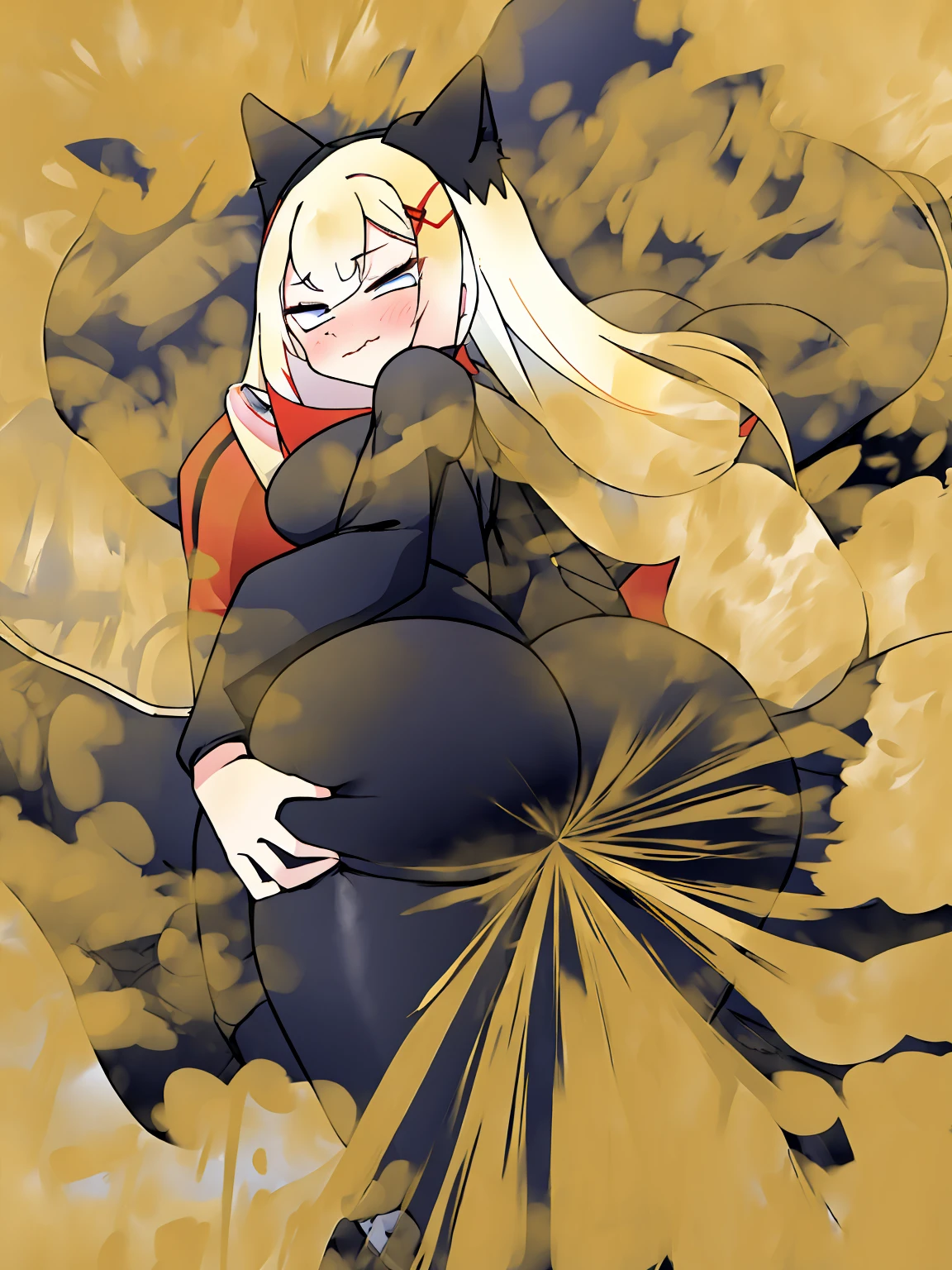 Cute red fox girl farting(HUD’s two-dimensional face),wearing a black bodysuit,farting(yellow smoke),hold ass,normal