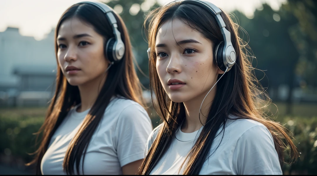 dressed, (photo realistic:1.4), (hyper realistic:1.4), (realistic:1.3), (smoother lighting:1.05), (increase cinematic lighting quality:0.9), 32K, 1 girl,20yo girl, realistic lighting, backlighting, light on face, ray trace, (brightening light:1.2), (Increase quality:1.4), (best quality real texture skin:1.4), finely detailed eyes, finely detailed face, finely quality eyes, (tired and sleepy and satisfied:0.0), face closeup, t-shirts with headphones, (Increase body line mood:1.1), (Increase skin texture beauty:1.1)