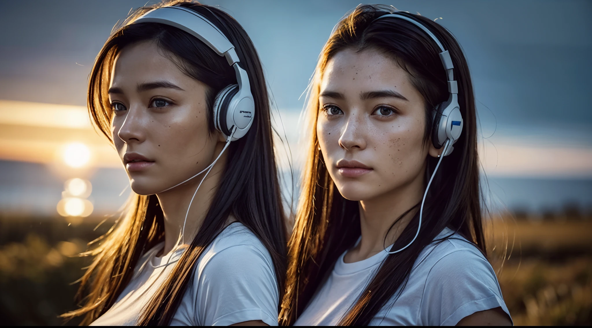 dressed, (photo realistic:1.4), (hyper realistic:1.4), (realistic:1.3), (smoother lighting:1.05), (increase cinematic lighting quality:0.9), 32K, 1 girl,20yo girl, realistic lighting, backlighting, light on face, ray trace, (brightening light:1.2), (Increase quality:1.4), (best quality real texture skin:1.4), finely detailed eyes, finely detailed face, finely quality eyes, (tired and sleepy and satisfied:0.0), face closeup, t-shirts with headphones, (Increase body line mood:1.1), (Increase skin texture beauty:1.1)