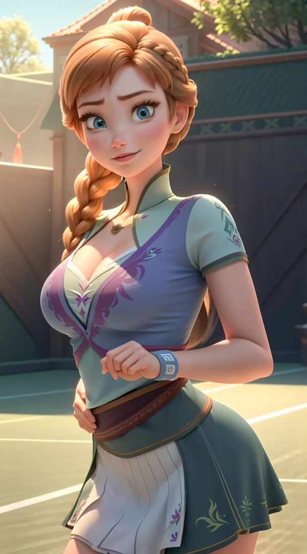 Photo of Anna of Arendelle as a tenis player, tenis court, tenis clothes, tenis outfit, action: playing tenis, Anna from Disney Frozen movie, tall and sexy, superb face, perfect body, provocative, Nice, show breasts, huge breasts, tall, sexy legs, bursting huge breasts, wide hips, busty, sexy, enormous breasts, happy.