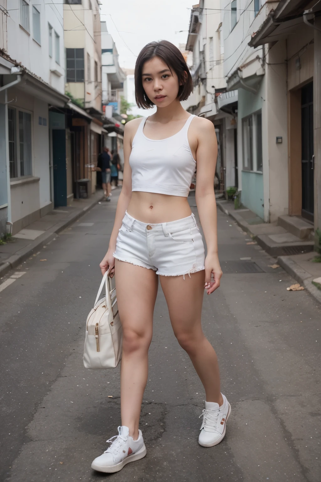 Thai girls with thin bodies wear very short jeans. waist tank top Floating, tight, beautiful White skin, half-Thai-English style, wearing sneakers, white ankle-covering canvas shoes, cute short hair, clear 4K wide-angle image, body details are complete and accurate. Walking alone in the alley