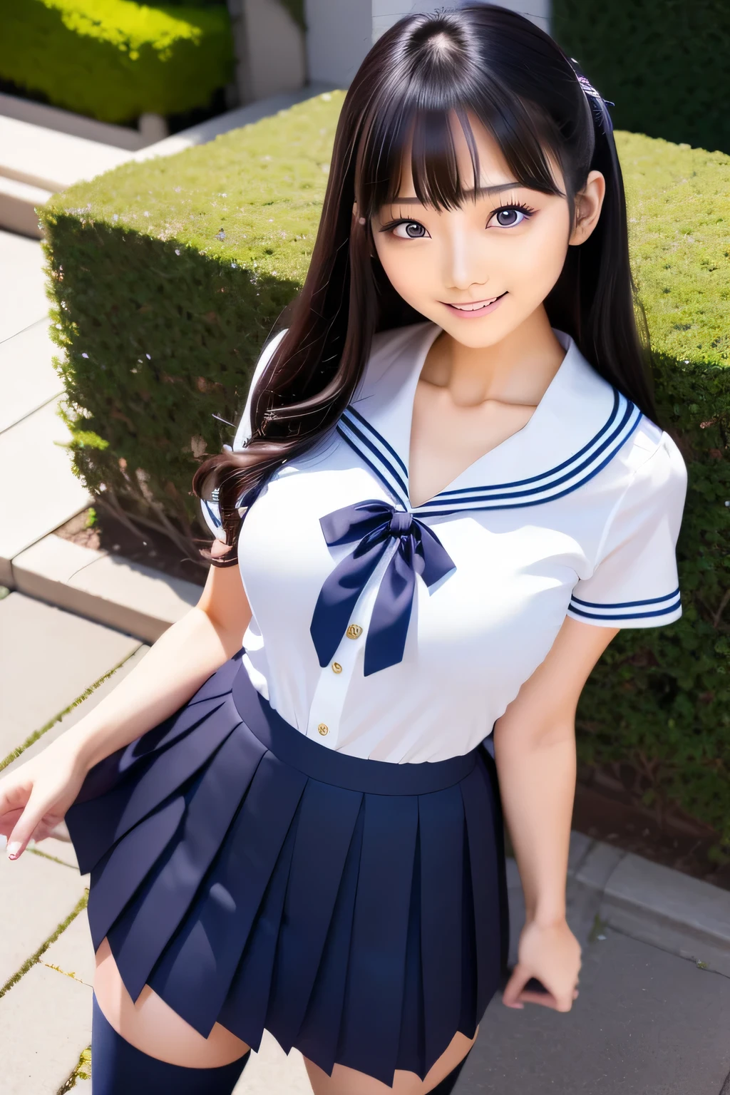 School uniform, Sailor Suit, serafuku, Dark blue pleated skirt, take the hem of the shirt out of the skirt, running pose,knee high stockings,  Straight long black hair, bangss、s lips、without makeup、short eyelashes、watching at viewers、A smile、Photorealsitic、high-level image quality、masutepiece, Best Quality, 8K, Beautie、Fine details