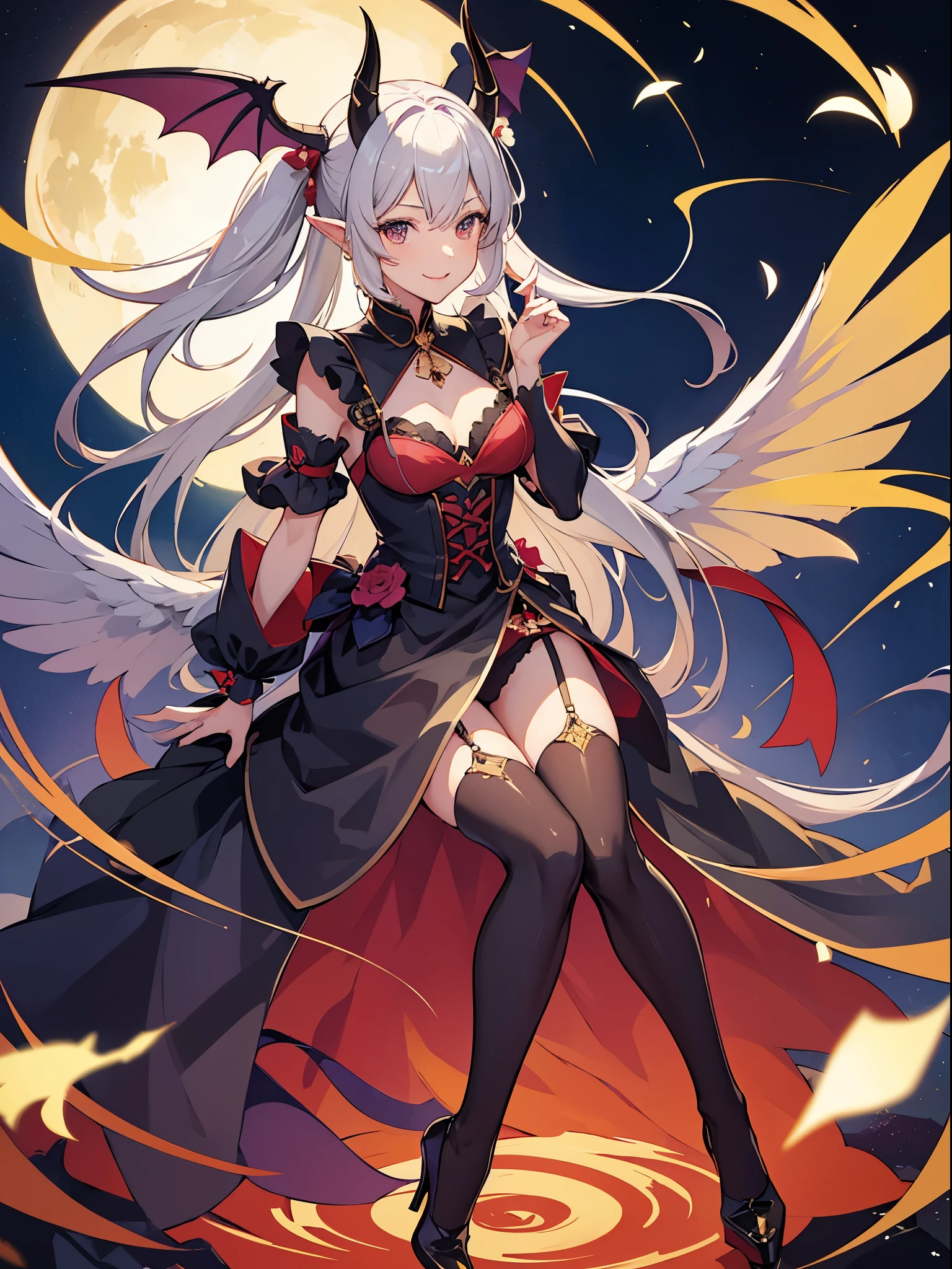 full body shot shot,portrait,solo person,a beauty girl,Hair over the shoulder,succubi,Happy,pointy ears,goat horn,high-heels,Put your hand to your mouth,Crossed waist with one hand,Whitish skin tone,Bow collar,比基尼,grin,Magic pupil,a garter belt,比基尼,Bat wings