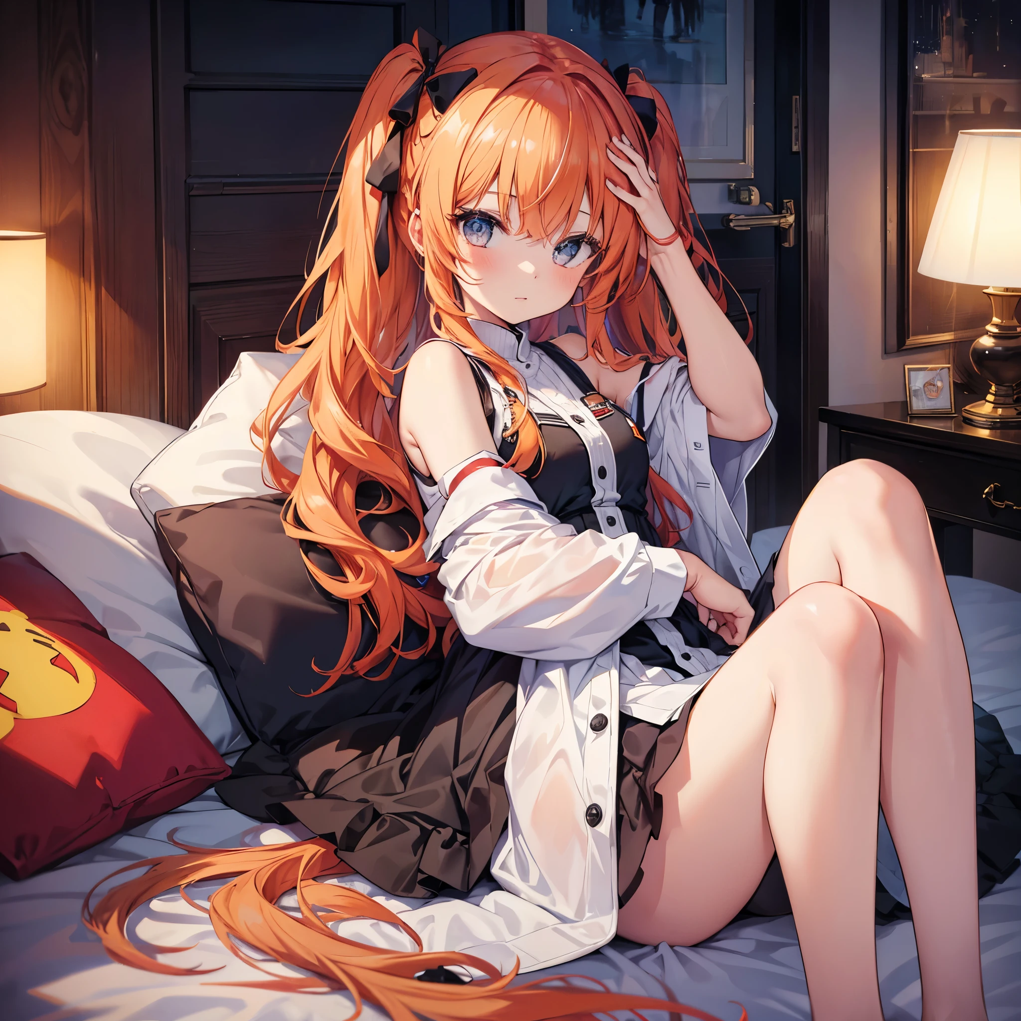 masterpiece, best quality), ((1girl, solo, long hair)), orange twin tail hair, not wearing any clothes, lie down on the bed