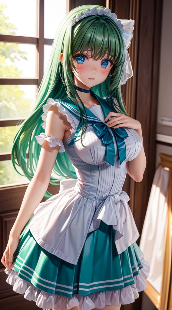 Real View,clear blue shining eyes,shy crying face,very cute cute girl, Constriction,big breasts thin waist,Slim big,light green shiny long hair,Transparent glossy sailor ribbon blouse,Sheer shiny pleated skirt,Embarrassing pose,ring light,Light source from below,Louvre Museum,