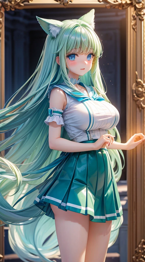 Real View,clear blue shining eyes,shy crying face,very cute cute girl, Constriction,big breasts thin waist,Slim big,light green shiny long hair,Transparent glossy sailor ribbon blouse,Sheer shiny pleated skirt,Embarrassing pose,ring light,Light source from below,Louvre Museum,